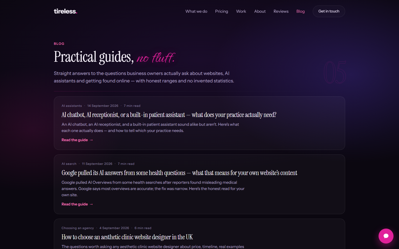 The Tireless blog index at tirelesshq.com/blog, listing articles published by the content engine.