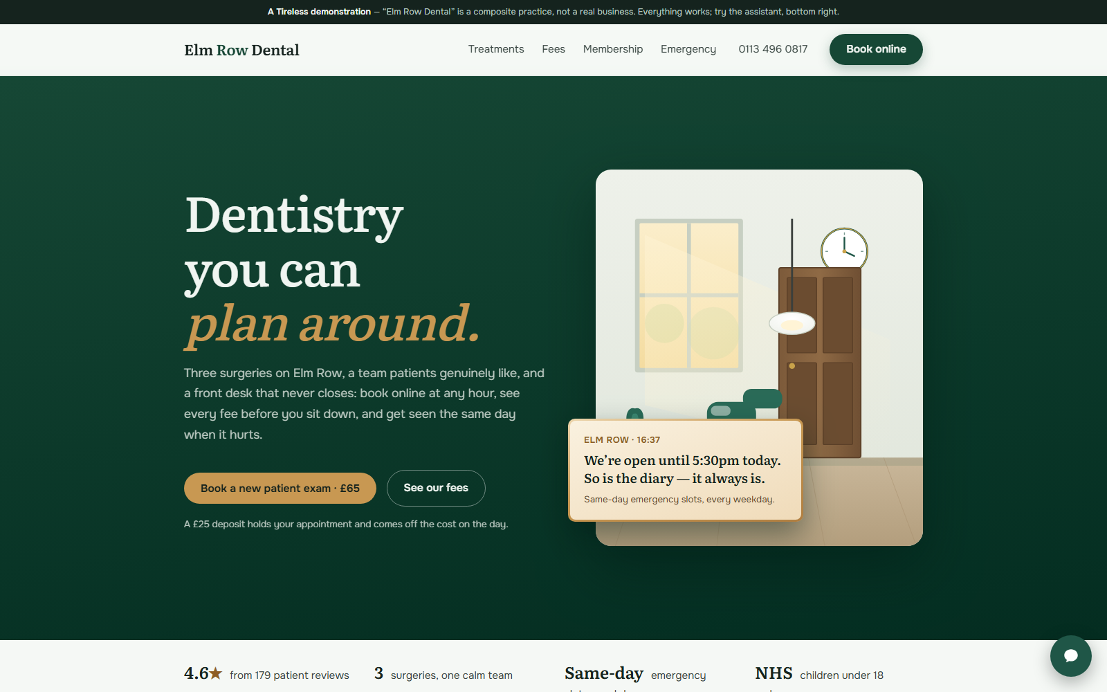 Elm Row Dental demo practice website homepage.